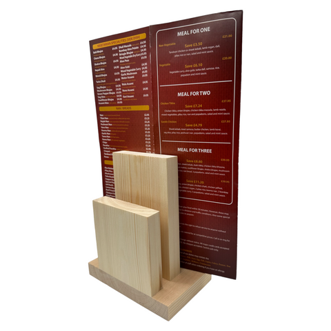 Wooden menu holder with a menu inside