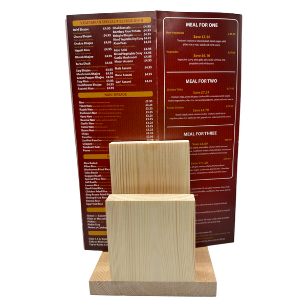 wooden menu holder front view with menu