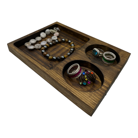 wooden catch all dish with jewellery