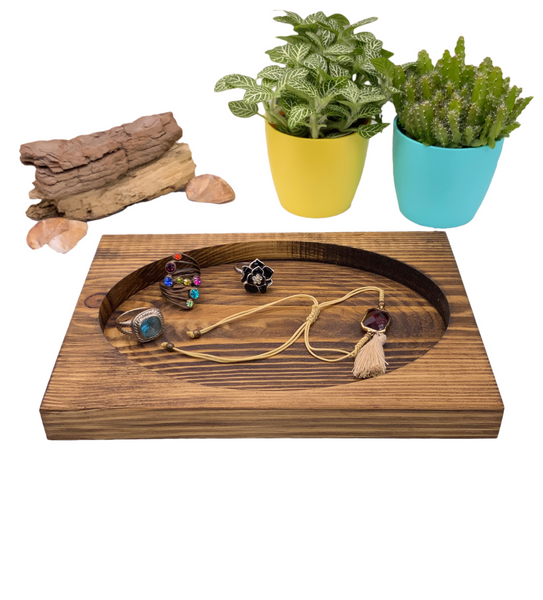 Wooden oval catch all dish with jewellery in 