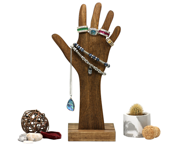 Plywood hand display with jewellery