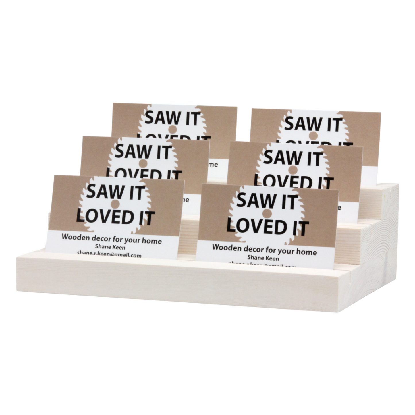 3 tier grooved display with cards in. White colour