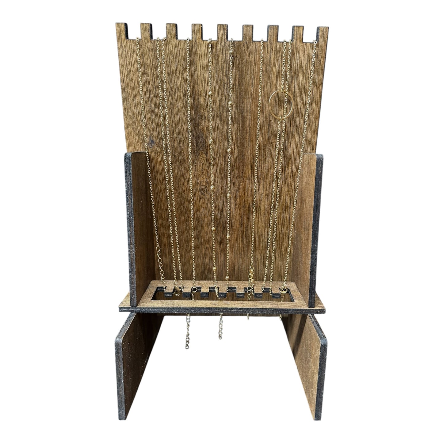 Multi-Groove Plywood Necklace Display With Collapsible Necklace Securing Base