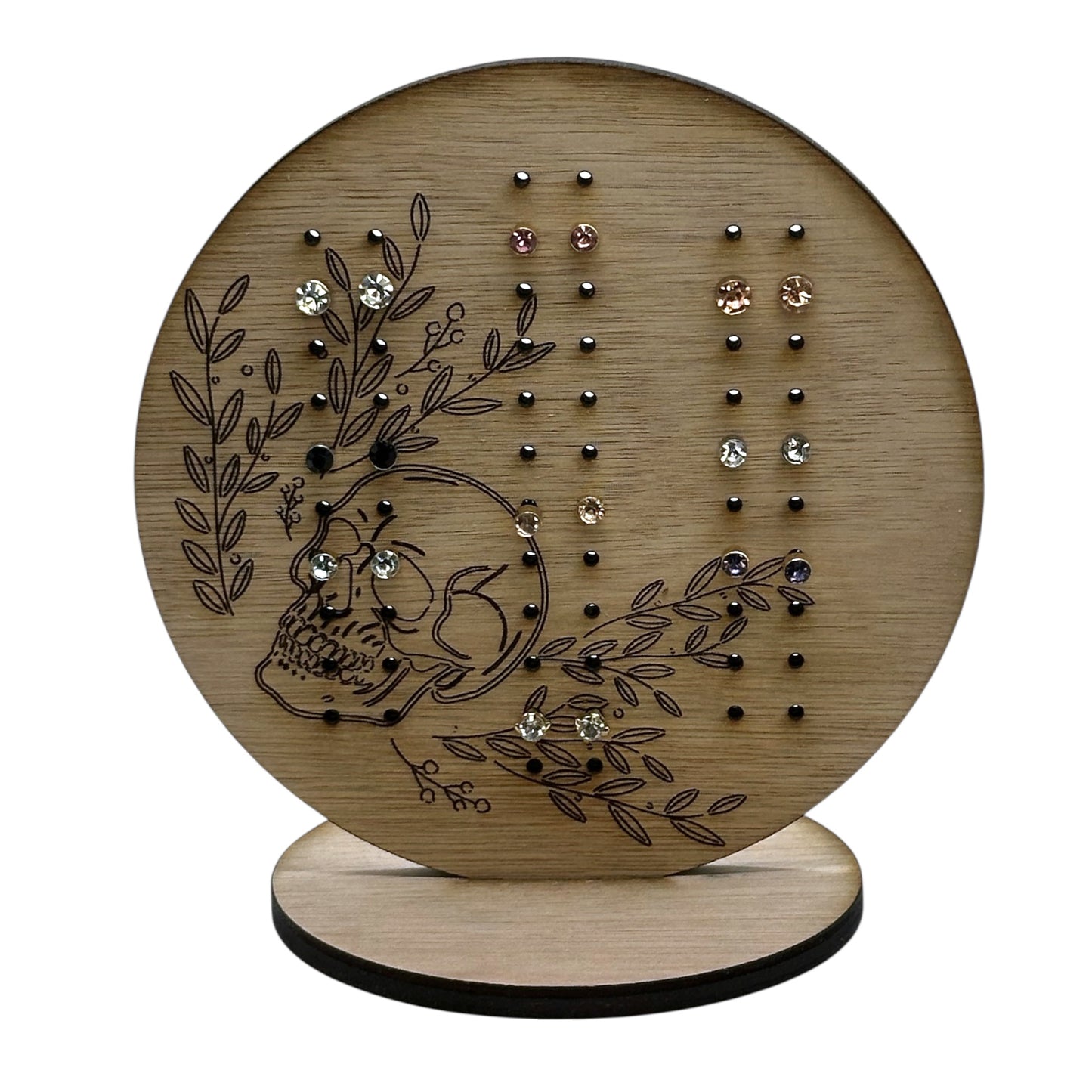 Stud Earring Storage | Circular Earring Display With Skull And Floral Design