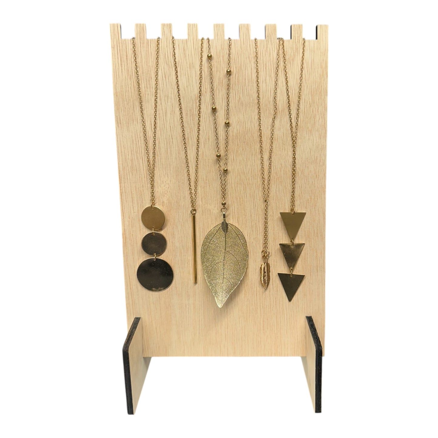 Multi-Groove Plywood Necklace Display With Collapsible Necklace Securing Base