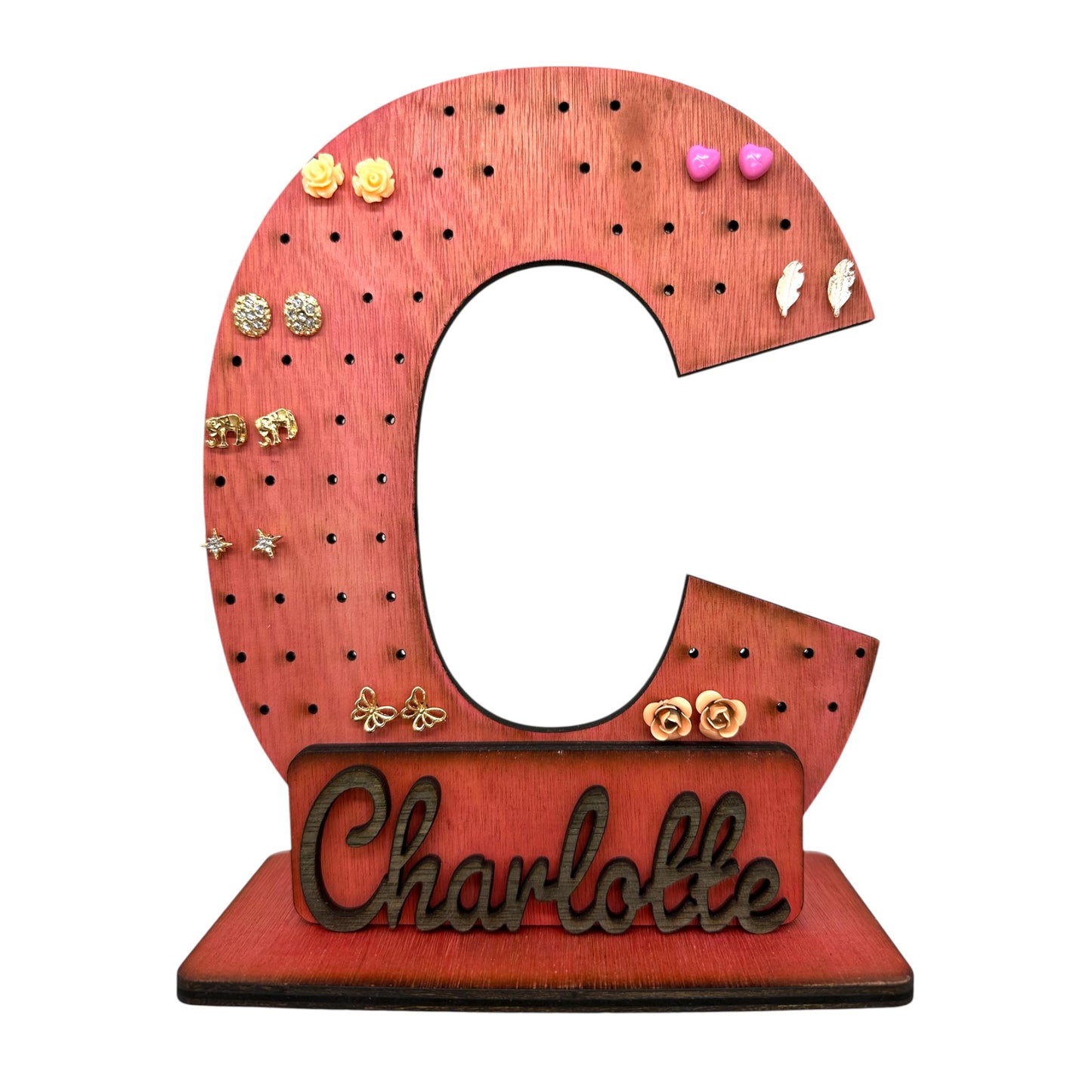 Personalised Wooden Earring Display | Initial Shaped Earring Display With Full Name
