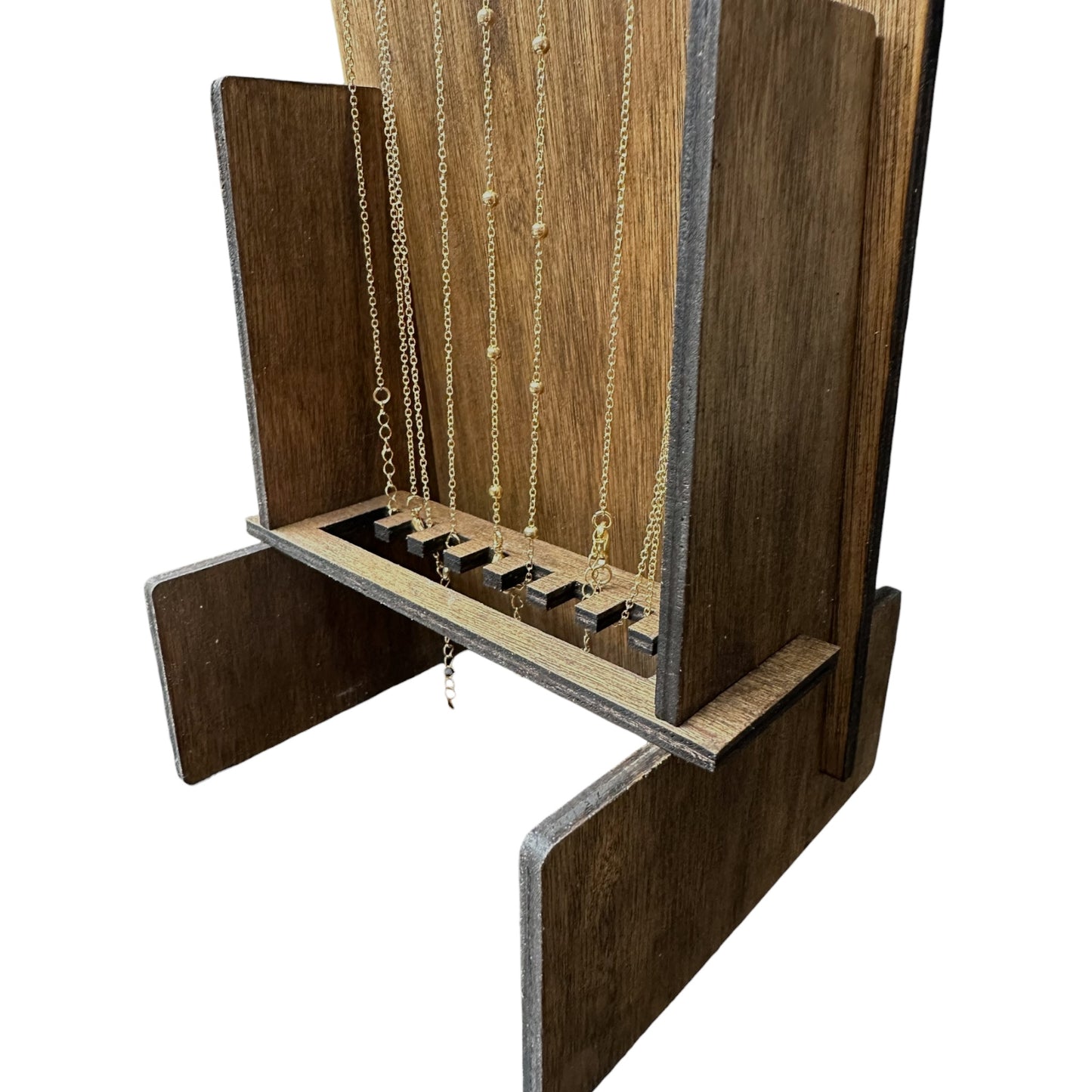 Multi-Groove Plywood Necklace Display With Collapsible Necklace Securing Base
