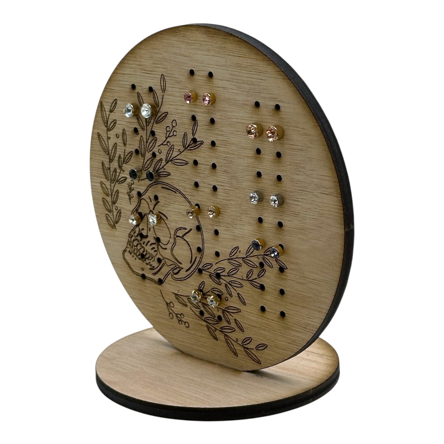 Stud Earring Storage | Circular Earring Display With Skull And Floral Design
