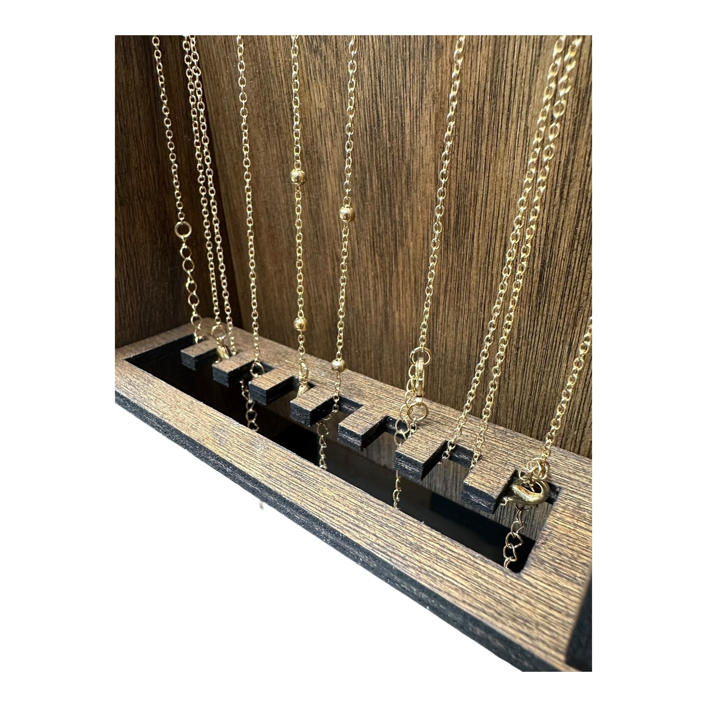 Multi-Groove Plywood Necklace Display With Collapsible Necklace Securing Base