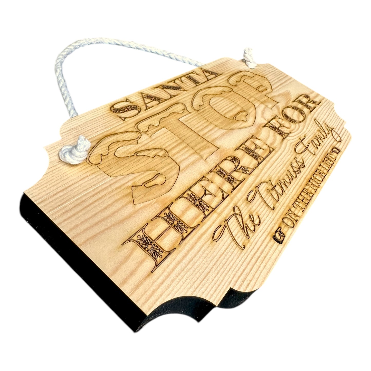 Personalised Wooden Santa Stop Here Sign | Custom Christmas Family Name Plaque