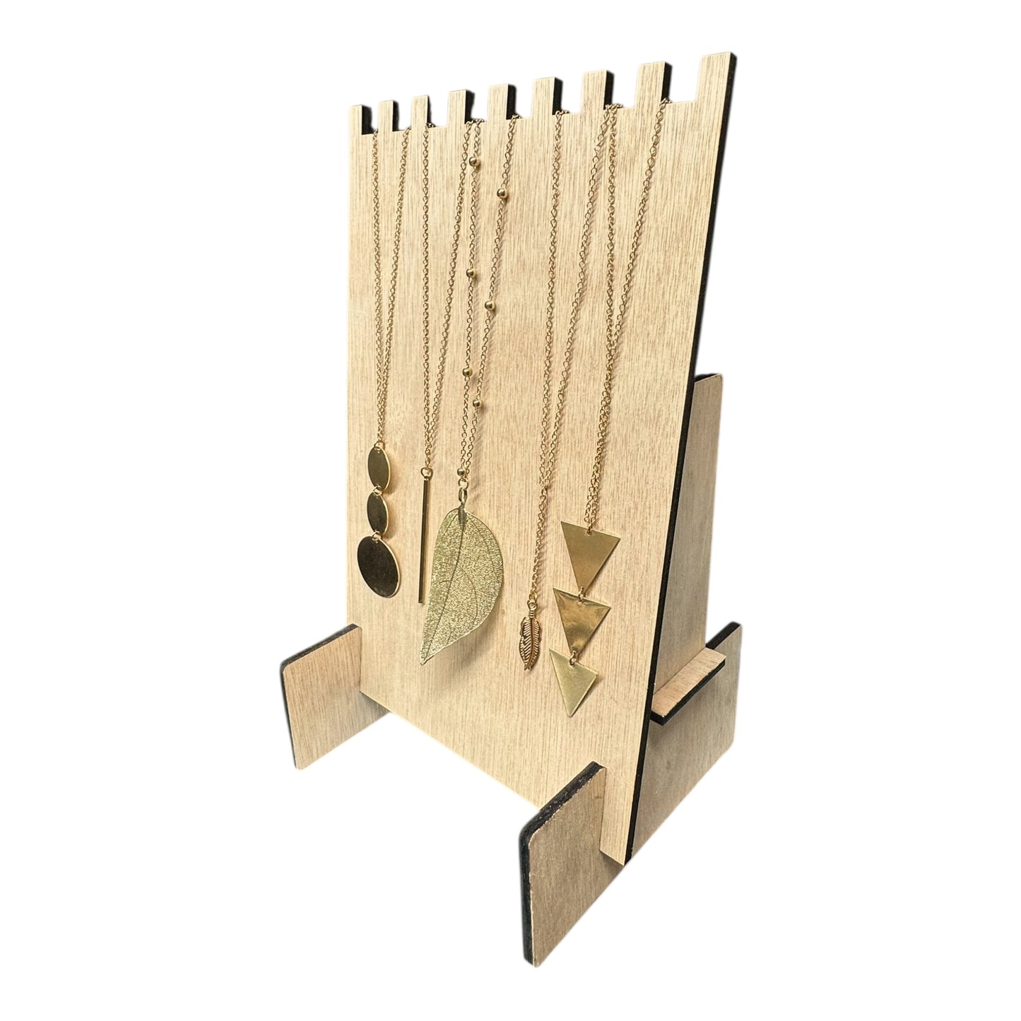Multi-Groove Plywood Necklace Display With Collapsible Necklace Securing Base