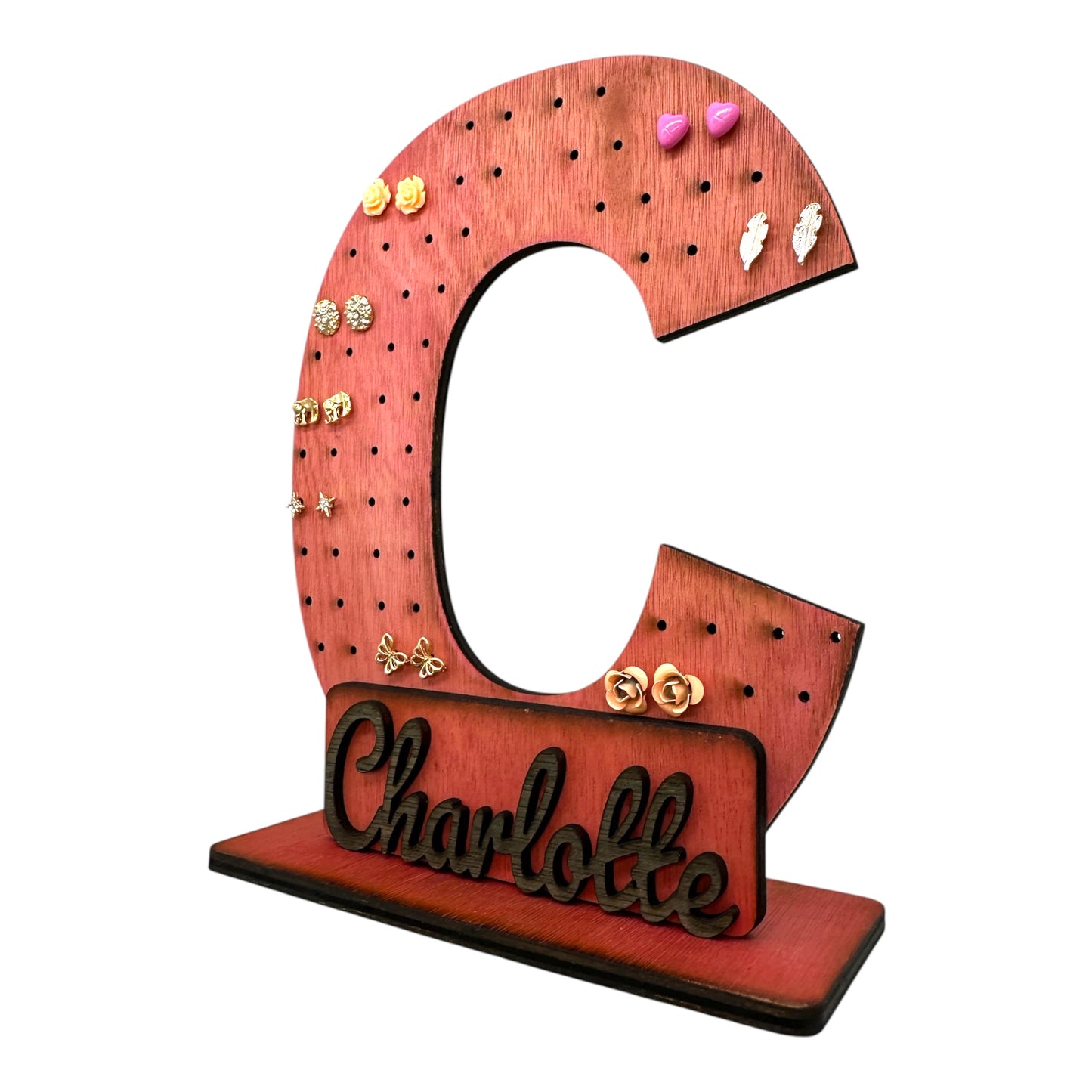Personalised Wooden Earring Display | Initial Shaped Earring Display With Full Name