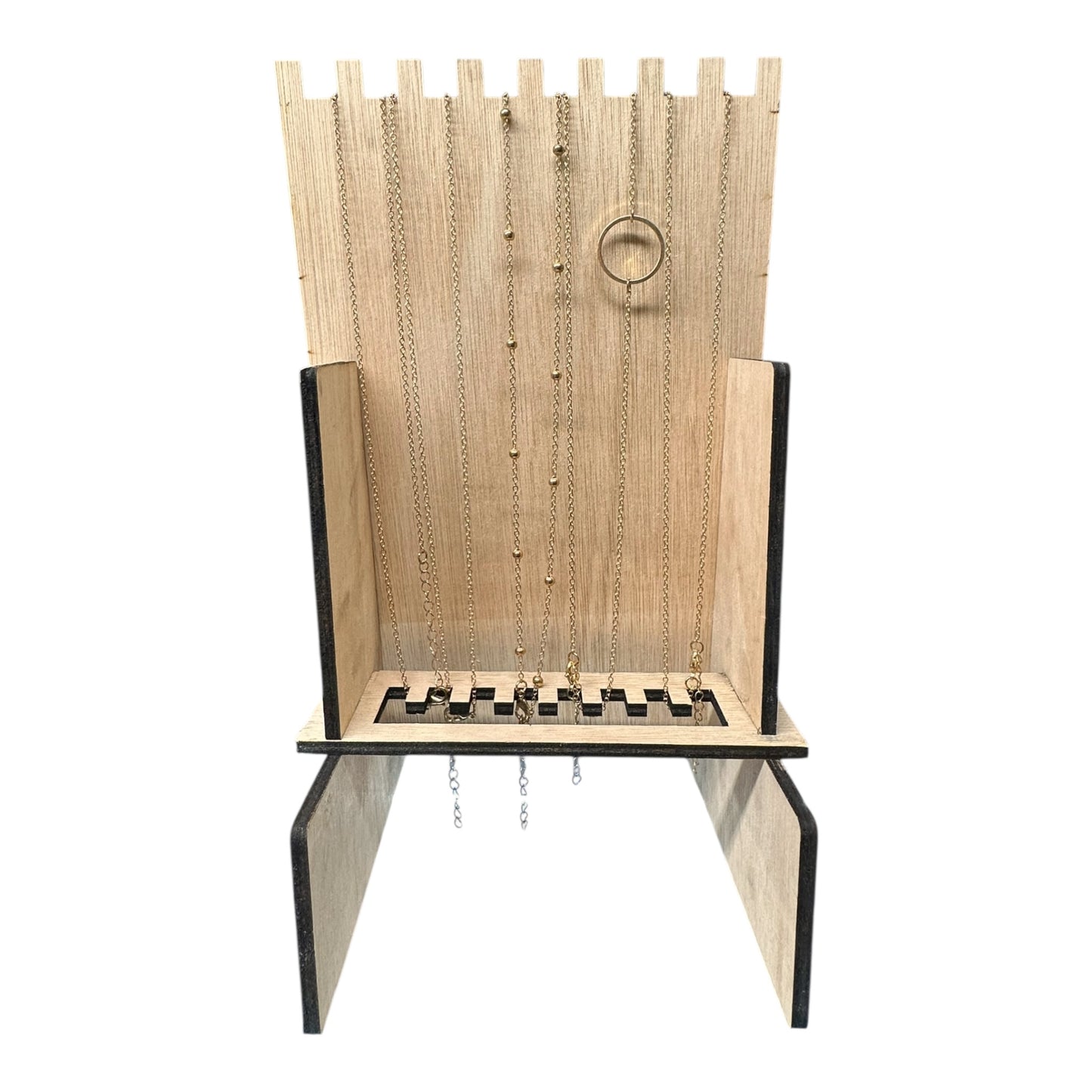 Multi-Groove Plywood Necklace Display With Collapsible Necklace Securing Base
