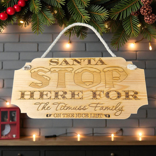 Personalised Wooden Santa Stop Here Sign | Custom Christmas Family Name Plaque