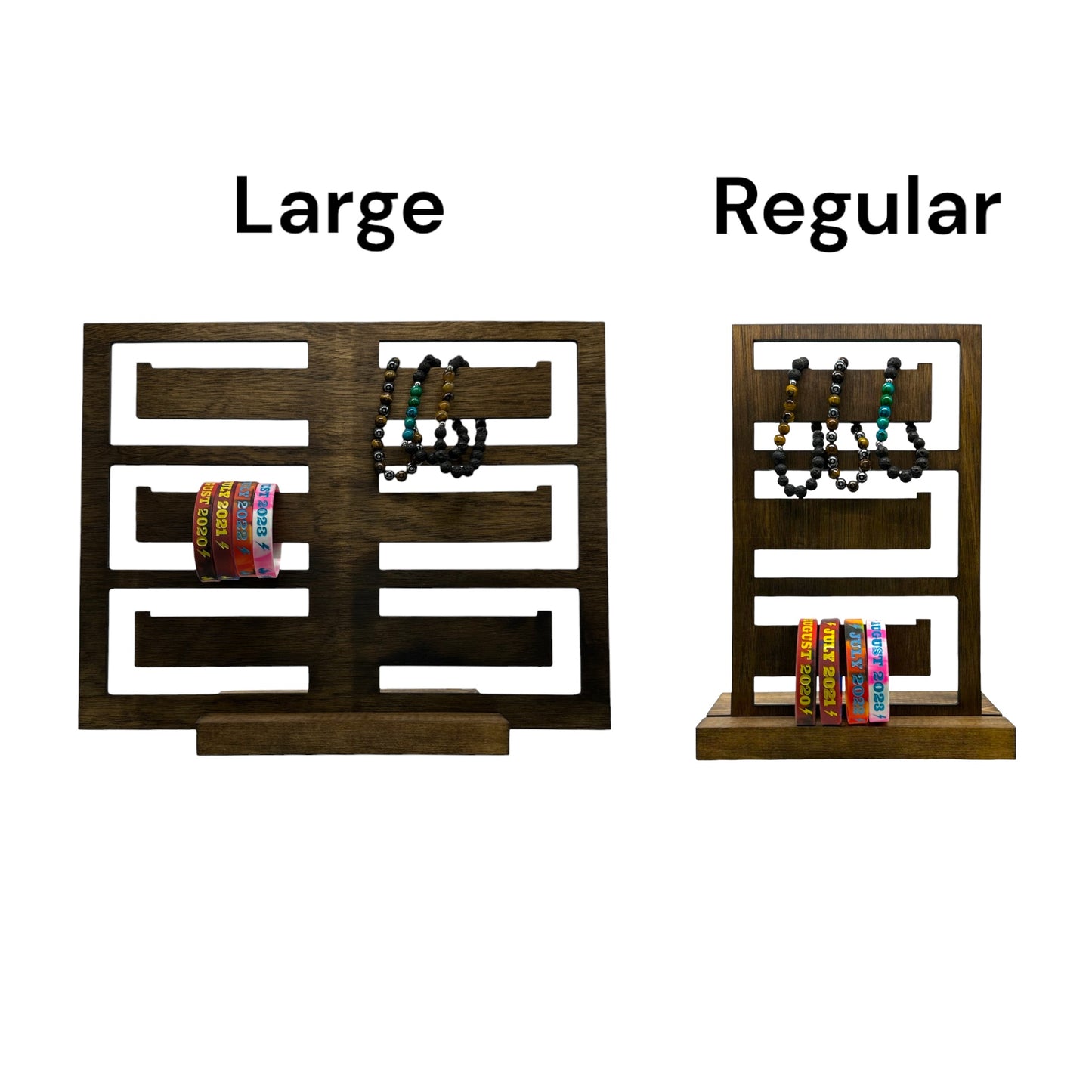 Multi arm plywood bracelet display showing regular and large