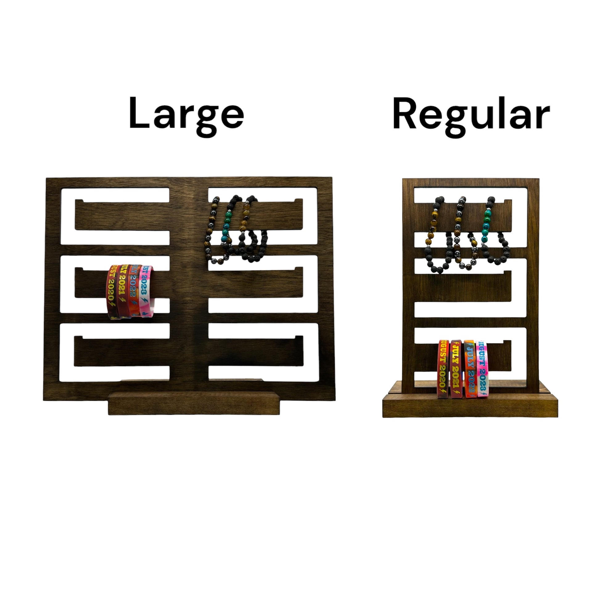 Multi arm plywood bracelet display showing regular and large
