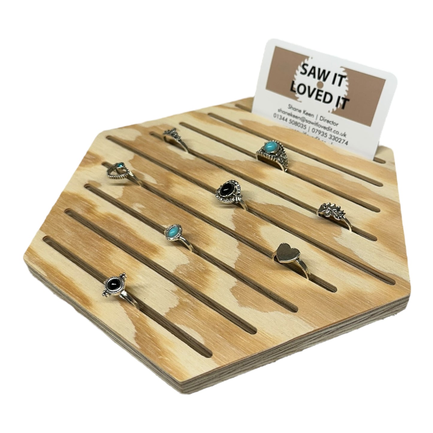 Hexagonal Grooved Wooden Display Rings Card Backed Products Business Cards