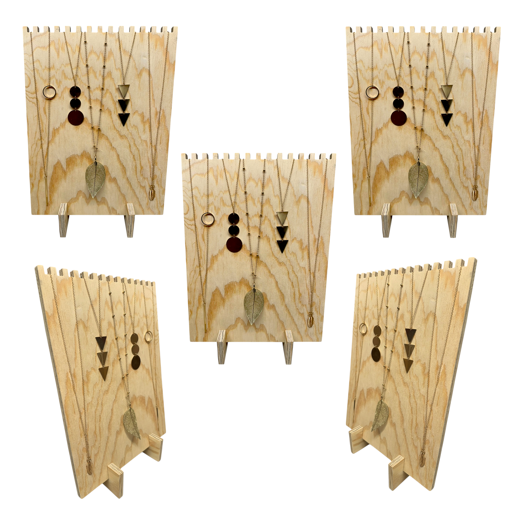 Set Of 5 Multi-groove Wooden Necklace Display