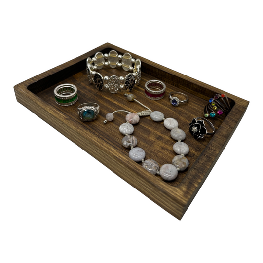 Wooden catch all dish with jewellery in 