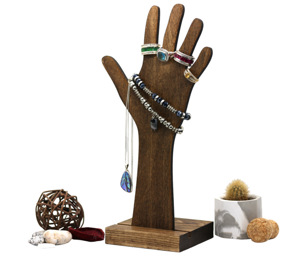 Plywood hand display with jewellery