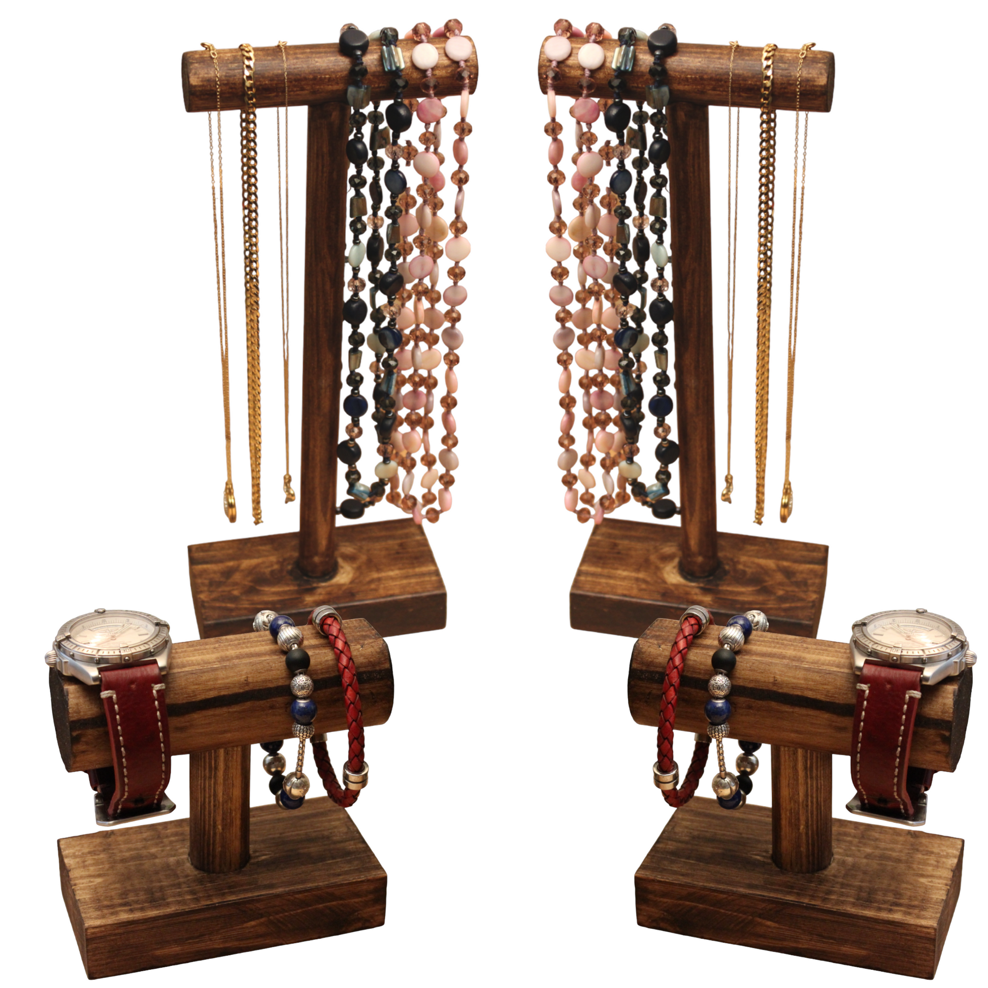 Bundle shot showing watch and bracelet displays with necklace displays