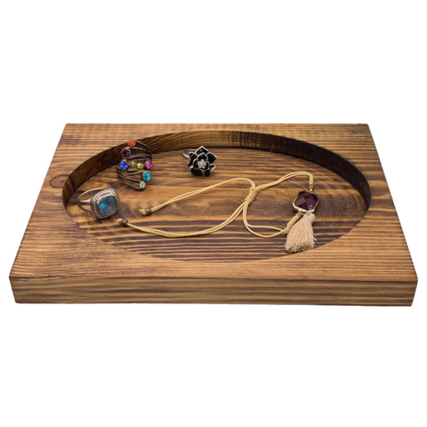 Wooden oval catch all dish with jewellery in 